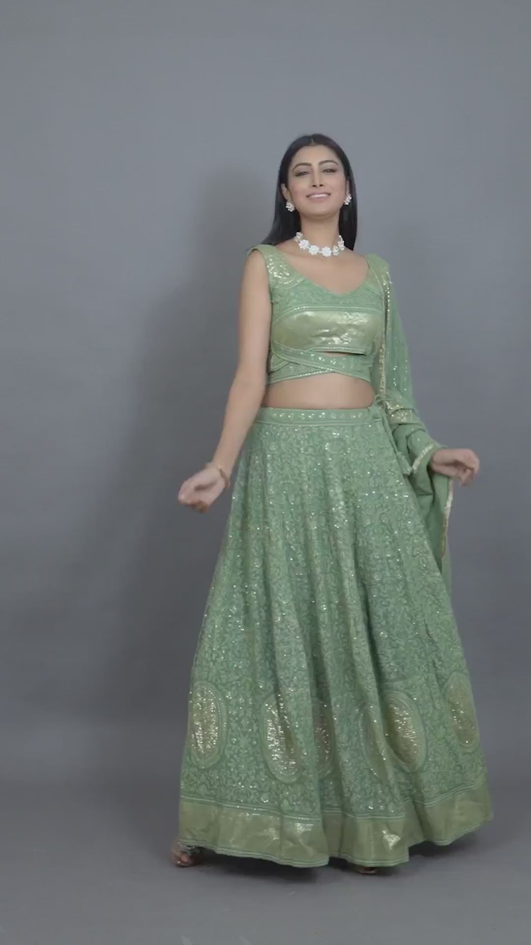 Green chikankari embroidered lehenga set