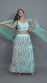 Blue Floral Lehenga Choli In Net Fabric